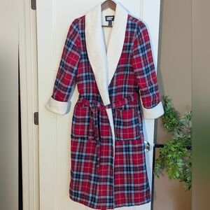 Lands' End Red Plaid Robe with White Trim